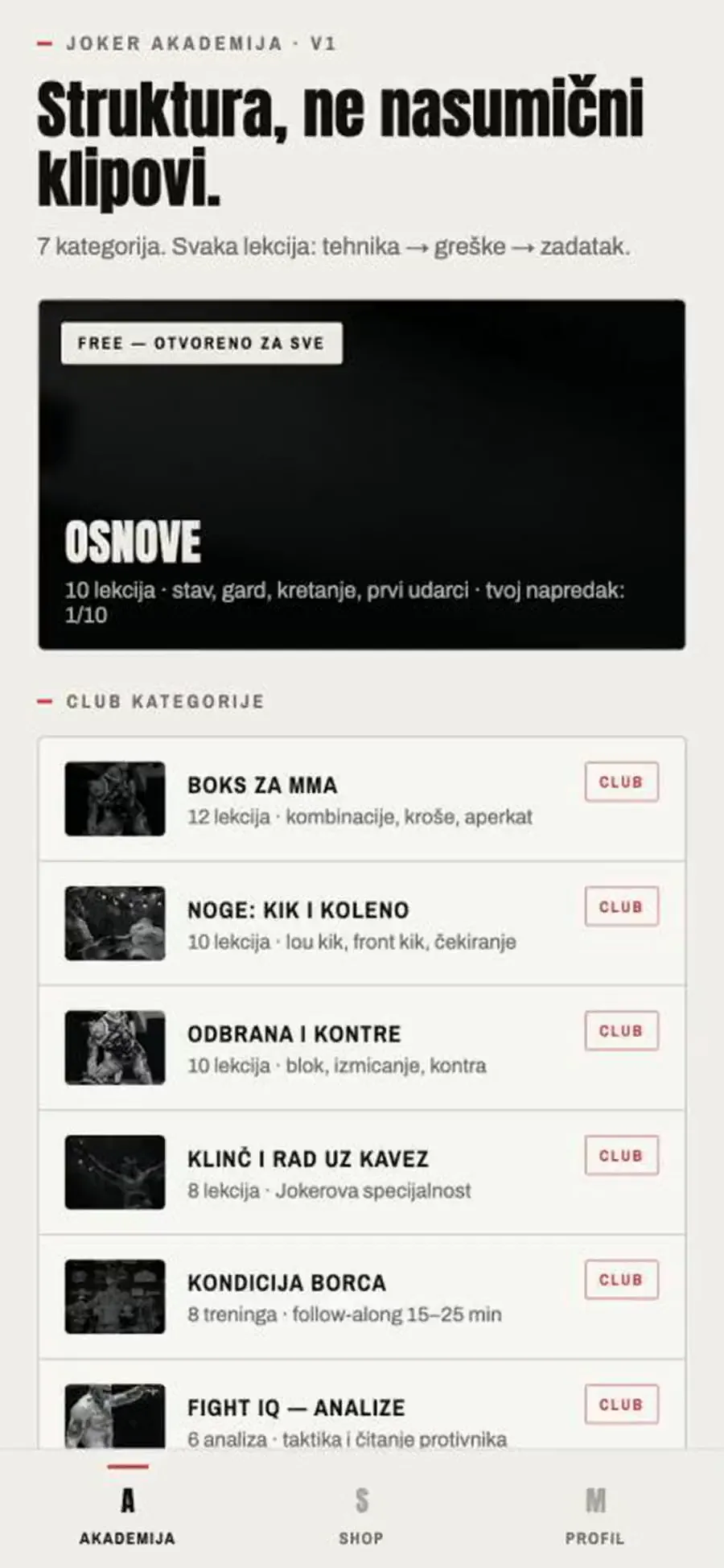 Početni ekran Joker akademije — spisak kategorija